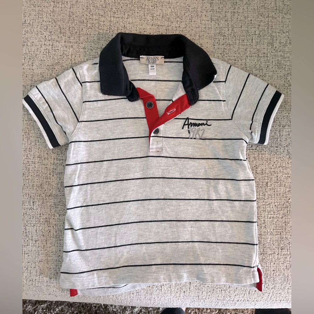 Armani Baby 18 month polo. Grey with navy stripes with accents of red.